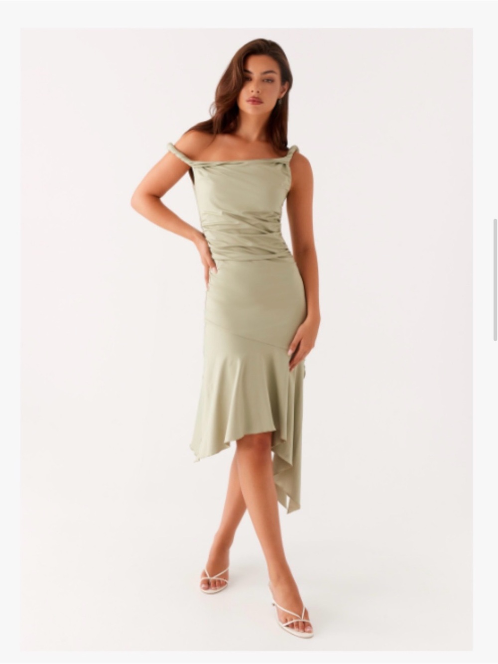 Peppermayo Sage Green Twisted-Strap Asymmetrical Midi Dress